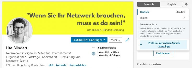 LinkedIn: Profil in anderen Sprachen anlegen. Bild: Ute Blindert, Porträt: Tanja Deuß/knusperfarben.de