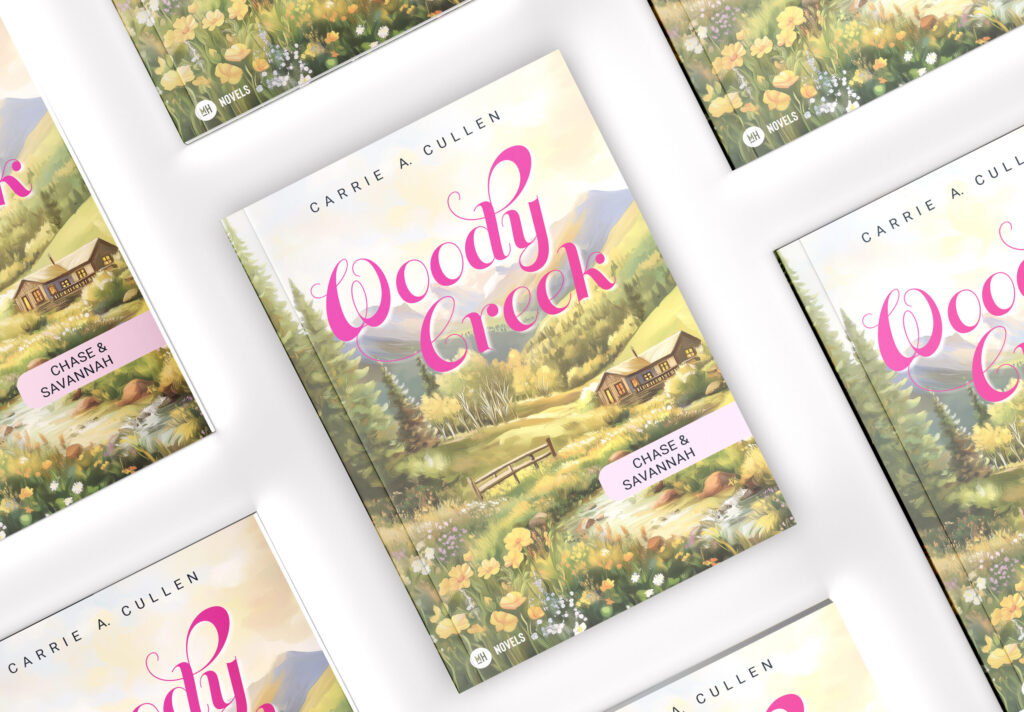 Arrangement mehrerer Exemplare von "Woody Creek – Chase & Savannah" von Carrie A. Cullen, mit romantischer Berglandschaft und bunten Blumen.