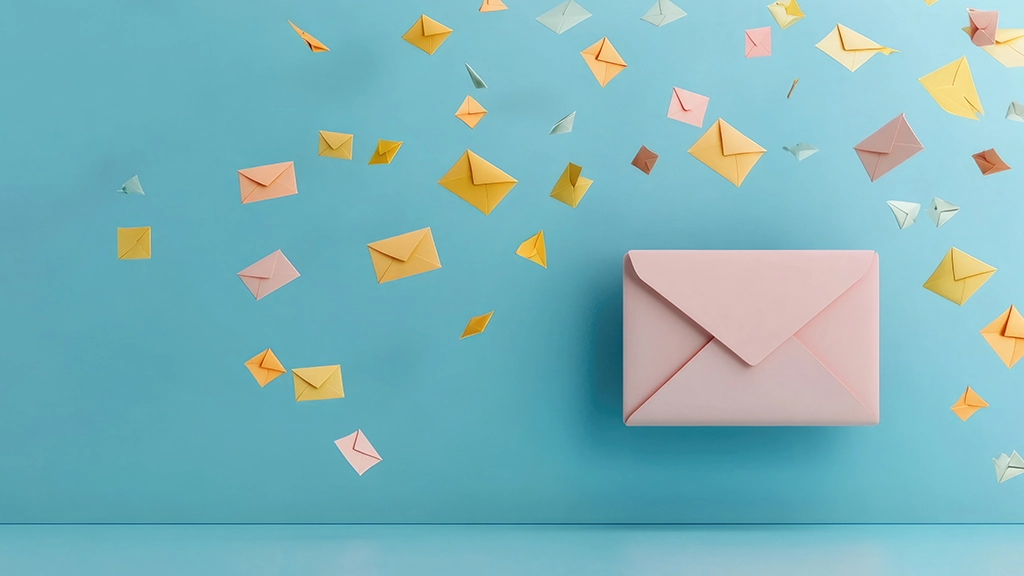 Ein großer rosafarbener Briefumschlag schwebend auf blauem Hintergrund, umringt von vielen kleinen schwebenden Briefumschlägen in rosa, weiß, gelb, orange.